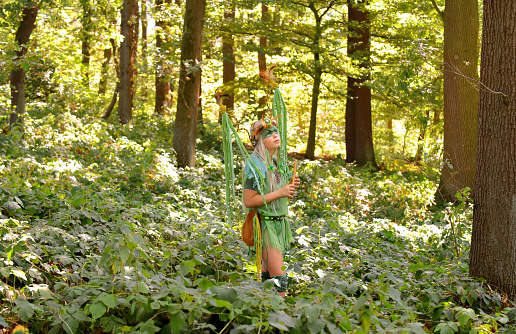A young girl is dressed up as a fairy.\nShe is seen in a forest with her flute.