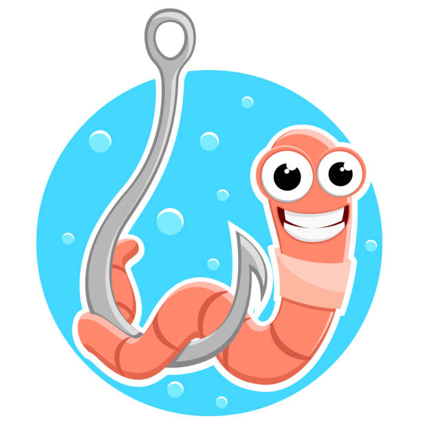 ilustrações de stock, clip art, desenhos animados e ícones de worm on a metal hook smiles. character. fishing - worm cartoon fishing bait fishing hook