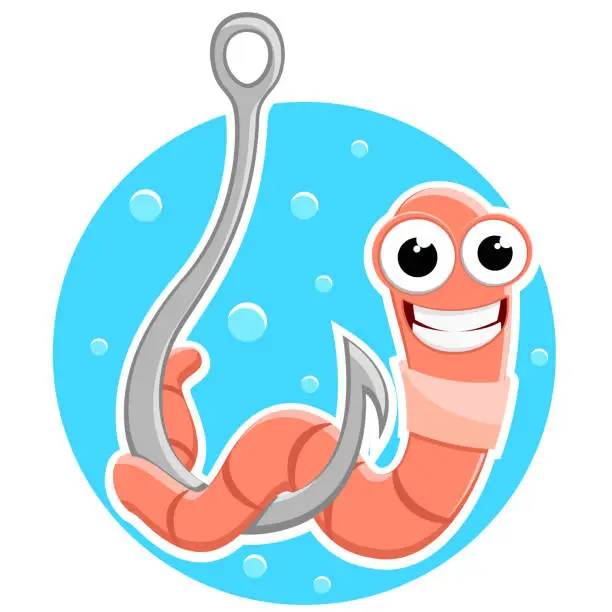 Vector illustration of Worm on a metal hook smiles. Character. Fishing