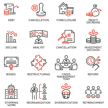Vector Set of Linear Icons Related to Profit Decline, Finance Regression, Stagnation. Mono line pictograms and infographics design elements - part 2
