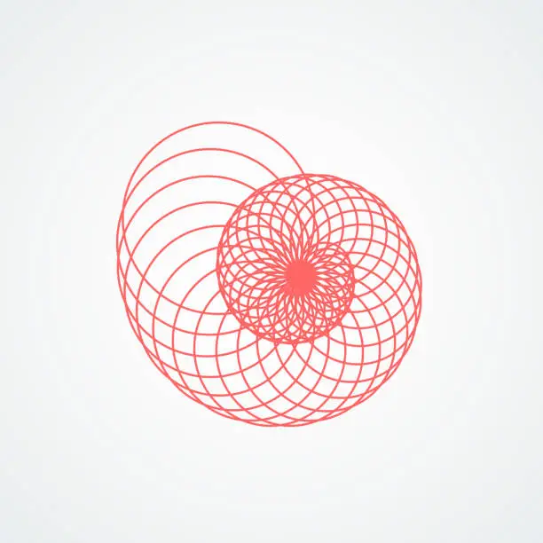 Vector illustration of closup snail seashell's spiral.seashell which consists red circles white background