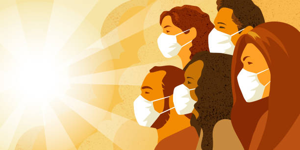 Coronavirus COVID-19 pandemia concept. Group of people in medical mask. Vector illustration of multinational group of people in medical mask look into the future with hope. Coronavirus COVID-19 pandemia concept. anticipation illustrations stock illustrations