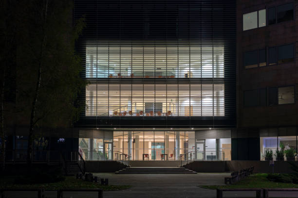 istock A building at night with an illuminated staircase. 1222621989