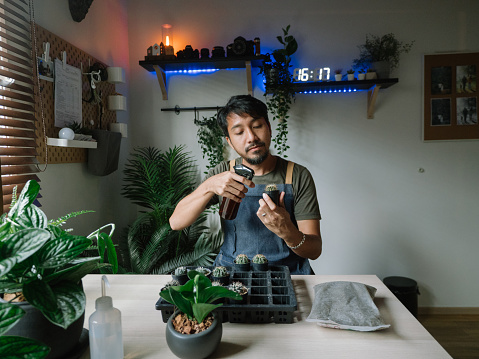 Hipster asian man watering and seeding his indoor plant garden.