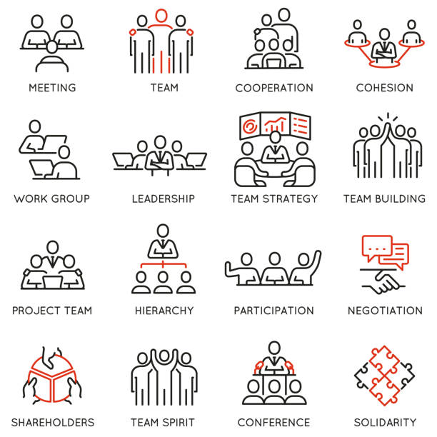 ilustrações de stock, clip art, desenhos animados e ícones de vector set of linear icons related to business process, team work and human resource management. mono line pictograms and infographics design elements - part 7 - coherence