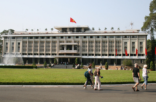 Ho Chi Minh City, Vietnam - May 02, 2010: Independence Palace, also call as Reunification Palace, is a landmark in Ho Chi Minh City, Vietnam. Tourists are visiting the building which signifies the end of the Vietnam war and was built in 1962-1966.