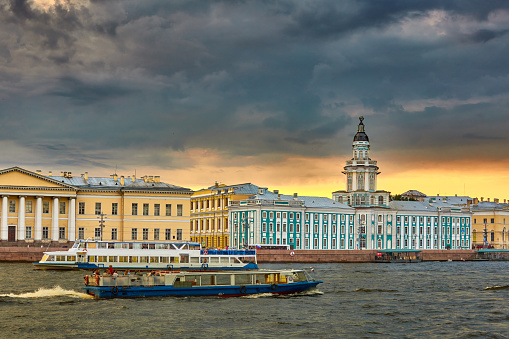 View of the Kunstkamera in St. Petersburg in the evening in cloudy