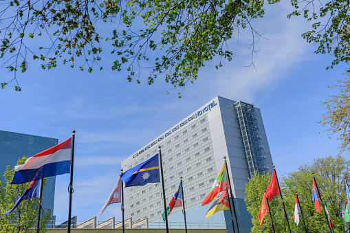 The Hague, Netherlands - April 24, 2020: exterior of the Novotel in The Hague. The photo was taken during the outbreak of COVID-19 in the Netherlands. During the outbreak, people were asked to stay at home as much as possible. Almost all hotel reservations were canceled.