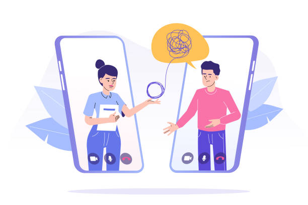Online psychotherapy concept. Female psychotherapist helping patient by video call through smartphone. Man talking to psychologist. Psychological counseling services. Isolated vector illustration vector art illustration