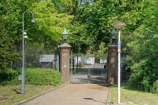The Hague, Netherlands - April 24, 2020: entrance gate of the Catshuis in The Hague, since 1963 the official residence of the Prime Minister of the Netherlands. During the corona crisis, the crisis management team holds weekly meetings here about the measures to be taken.