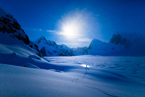 Lone person in the Alaskan Mountains skiing across the glacier at night under a full moon and northern lights