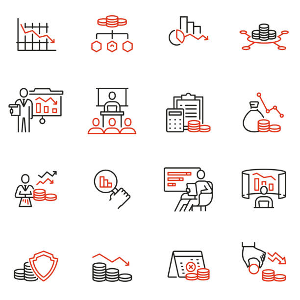 ilustrações de stock, clip art, desenhos animados e ícones de vector set of linear icons related to profit decline, finance regression, stagnation. mono line pictograms and infographics design elements - downgrade