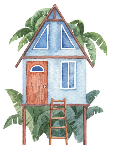 Watercolor hand drawn beach house with pitched roof and palms watercolor drawing stilt house stock illustrations