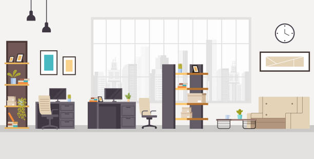 ilustraciones, imágenes clip art, dibujos animados e iconos de stock de concepto interior de muebles de estación de trabajo de oficina. ilustración de dibujos animados de diseño gráfico plano vectorial - modern office