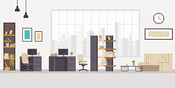 Office workstation furniture interior concept. Vector flat graphic design cartoon