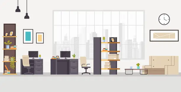 Vector illustration of Office workstation furniture interior concept. Vector flat graphic design cartoon illustration