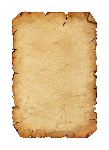 Close up one blank old antique vintage brown paper parchment scroll with copy space isolated on white background