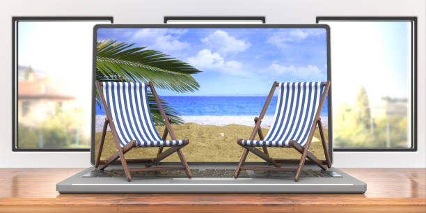 istock Beach chairs on a laptop, business office background. 3d illustration 1222626255