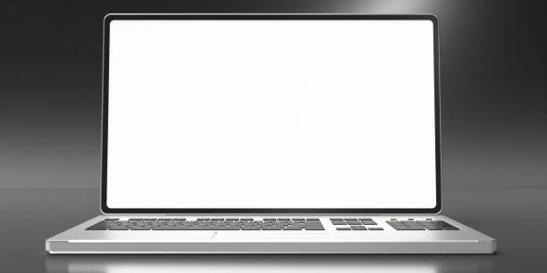 istock Laptop with blank screen on black background, copy space. 3d illustration 1222626270