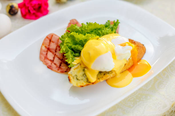 istock breakfast with garlic cheese bread, with egg salad leaves and bacon 1222626538