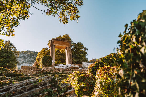 A view from the ruins of Termessos ancient city in Antalya, Turkey. Termessos ancient city the amphitheatre. Termessos is one of Antalya -Turkey's most outstanding archaeological sites. Despite the long siege, Alexander the Great could not capture the ancient city. Drone shot. termessos stock pictures, royalty-free photos & images