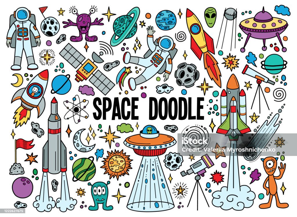  Ilustración de Dibujos Dibujados A Mano Conjunto De Dibujos Animados De Objetos Espaciales Y Símbolos y más Vectores Libres de Derechos de Espacio exterior