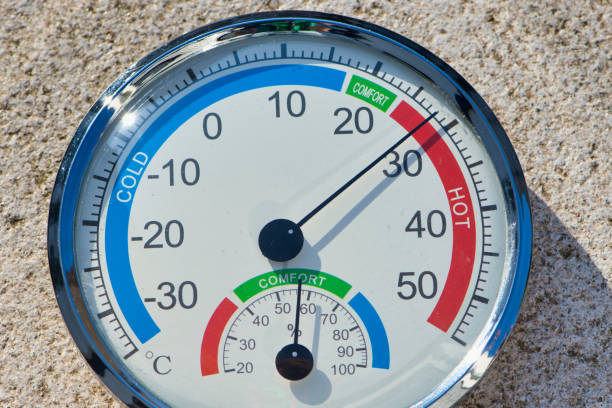 28도를 보여주는 습도계의 클로즈업 - thermometer hygrometer work tool accuracy 뉴스 사진 이미지