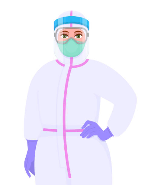 Female doctor in safety protective suit, mask, glasses and face shield posing hand on hip. Physician or surgeon wearing PPE. Corona virus epidemic outbreak. Cartoon illustration design in vector style Female doctor in safety protective suit, mask, glasses and face shield posing hand on hip. Physician or surgeon wearing PPE. Corona virus epidemic outbreak. Cartoon illustration design in vector style nurse face shield stock illustrations
