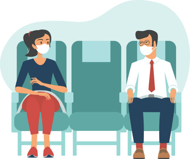 Passengers wearing protective masks travel by airplane. New seating regulations on flights. Travel during coronavirus COVID-19 disease outbreak. Passengers wearing protective medical masks travel by airplane. New seating regulations on flights. Travel during coronavirus COVID-19 disease outbreak. vector illustration airplane mask seats stock illustrations