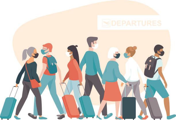 Crowd of passengers wearing protective medical masks in airport departure area. Travel during coronavirus COVID-19 disease outbreak. vector art illustration