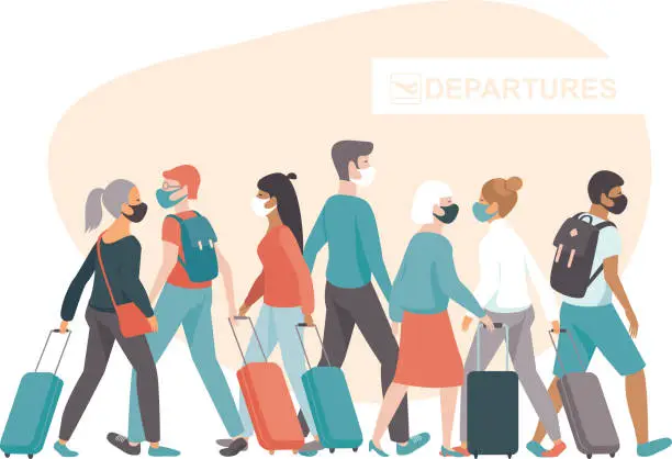 Vector illustration of Crowd of passengers wearing protective medical masks in airport departure area. Travel during coronavirus COVID-19 disease outbreak.