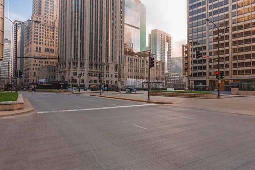 Chicago City empty streets under the coronavirus. City under lockdown.