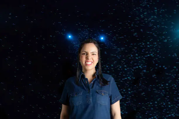 Photo of portrait of woman with virtual background bubbles