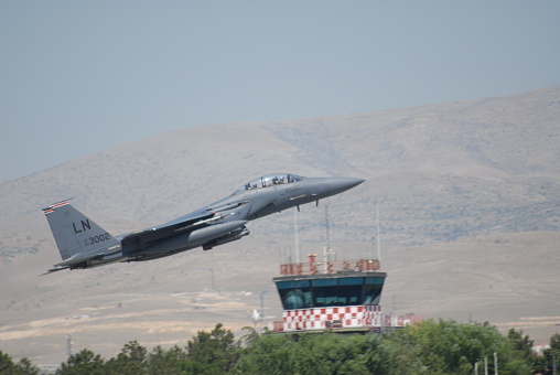 Konya, Turkey – June 26, 2019: United States Air Force F-15 Strike Eagle jet fighter at takeoff from an air base during the Anatolian Eagle military exercise in the central Anatolian city of Konya