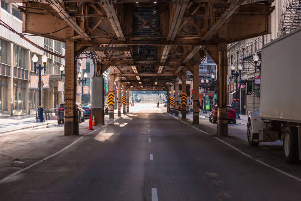 Chicago City empty streets under the coronavirus. City under lockdown.