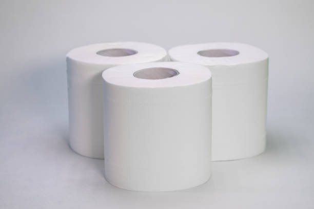 istock Three rolls of toilet paper stand on a white background 1222639324