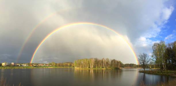 istock Real double rainbow over the lake. Spring landscape. 1222640312