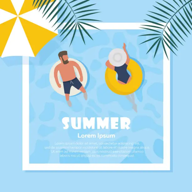 Vector illustration of Summer in modern style, a man and a woman are resting on a donut in the pool in the villa. Top view, summer holiday with umbrellas, palm leaves. Banner, poster, poster, invitation to a party stock illustration