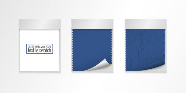 ilustrações, clipart, desenhos animados e ícones de azul - cor do ano 2020. modelo de amostra de amostra de paleta da moda em caso de papel 3d realista isolado em fundo branco. ilustração vetorial - amostra de tecido têxtil