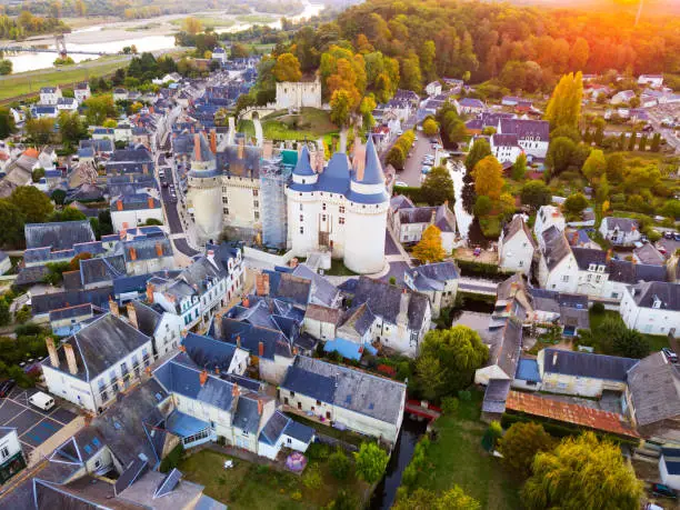 Picturesque autumn landscape of Indre-et-Loire department with medieval fortified castle of Chateau de Langeais, France