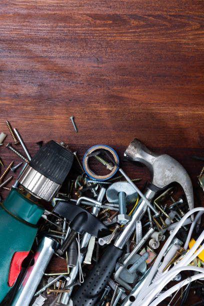 istock Variety of building hardware and tools with space for text 1222643345
