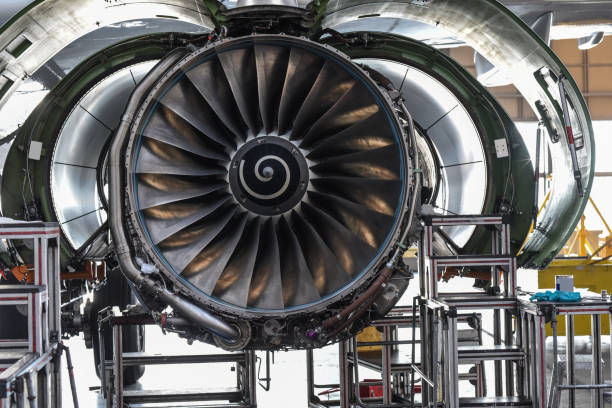 istock Aircraft Jet engine maintenance in airplane hangar 1222645123