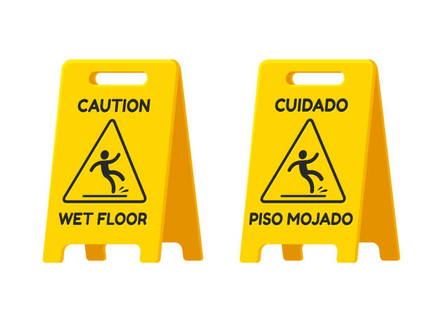 illustrazioni stock, clip art, cartoni animati e icone di tendenza di attenzione, pavimento bagnato - floor wet slippery danger