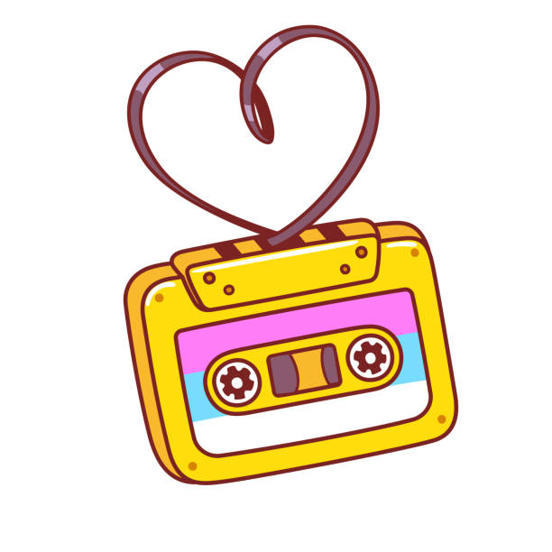 Retro audio cassette Cartoon retro audio cassette with tape in heart shape. 80s love songs mixtape. Bright comic style clip art illustration. mix tape heart stock illustrations