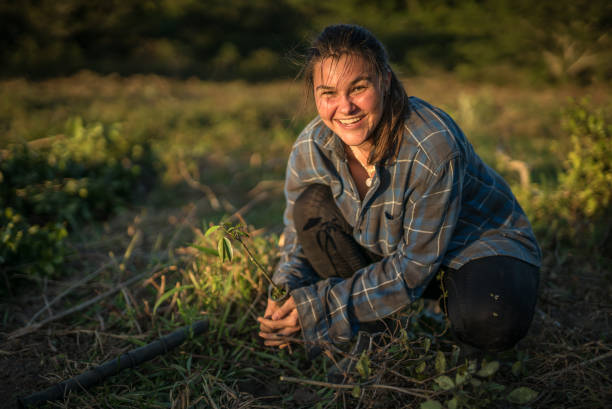 Young woman prepares to plant seedling She is smiling towards the camera as she holds the plant up reforestation stock pictures, royalty-free photos & images