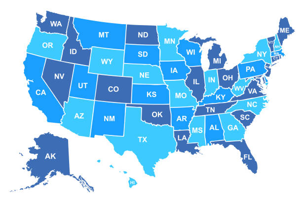 미국 지도. 상태 및 상태 이름이 격리된 미국 지도 – 주식 벡터 - map stock illustrations