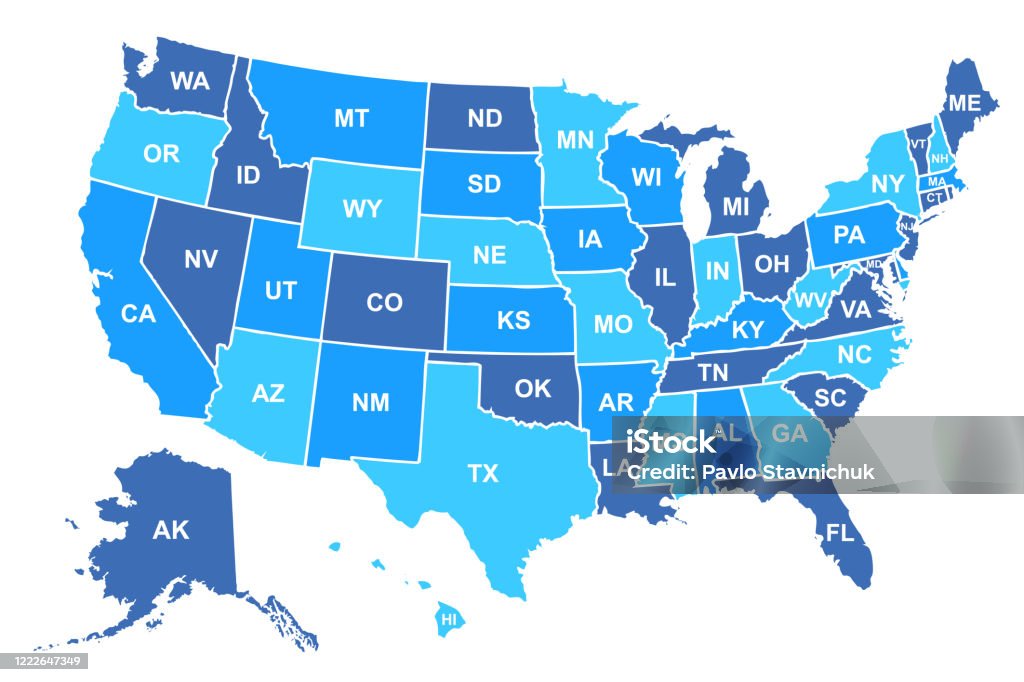 美利堅合眾國地圖。美國地圖與狀態和州名稱隔離 + 庫存向量 - 免版稅美國圖庫向量圖形