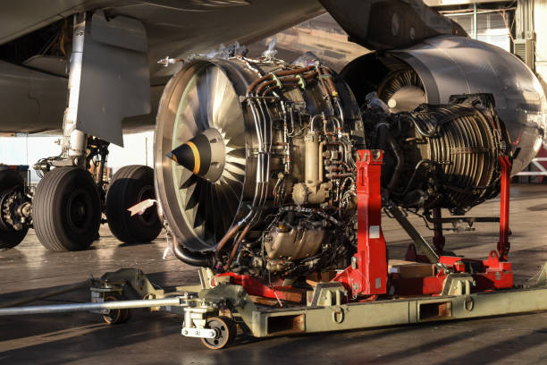 istock Aircraft Jet engine maintenance in airplane hangar 1222648027