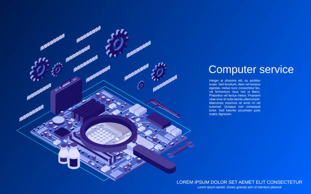ilustrações de stock, clip art, desenhos animados e ícones de computer service vector concept - computer chip circuit board isometric computer