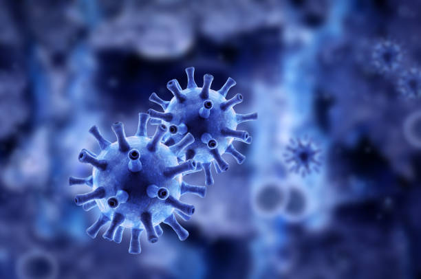 coronavirus o gérmenes de la gripe dentro de la célula, virus corona sars-cov-2 bajo microscopio sobre fondo azul, renderizado 3d. concepto de pandemia de coronavirus covid-19 - número 19 fotografías e imágenes de stock